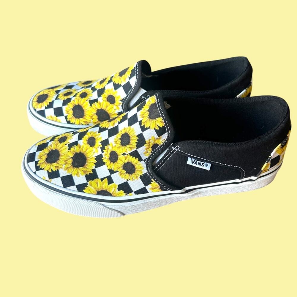 Vans Slip-On Sneakers Black White with Yellow Sunflower Checkerboard